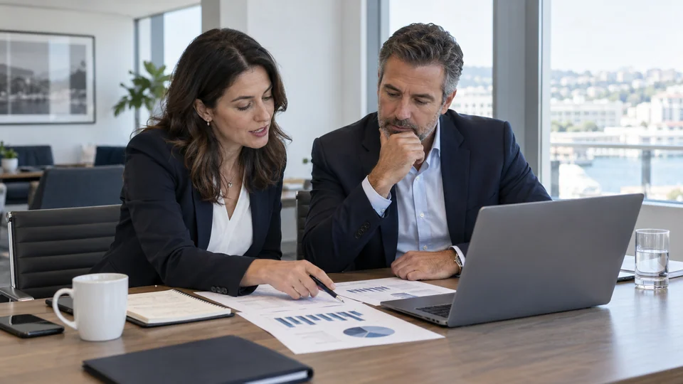 Hotel professionals reviewing strategy and revenue reports
