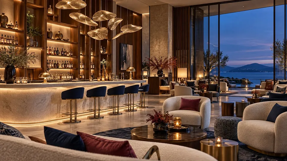 Hotel lounge and bar overlooking the water at dusk