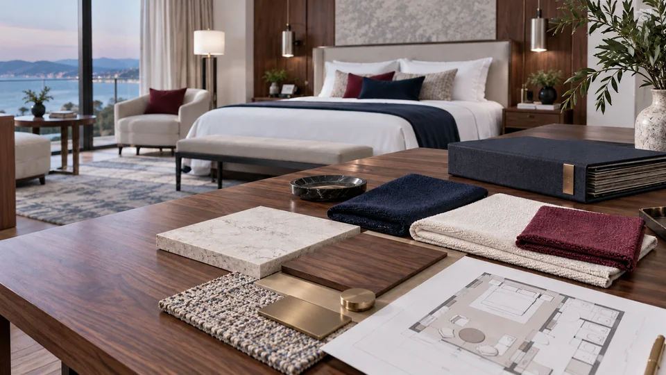 Hotel guestroom with finish samples and a floor plan