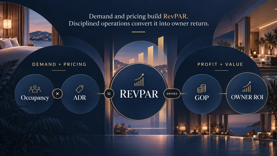 Hotel performance model showing demand and pricing feeding RevPAR, then profit, asset value and owner return